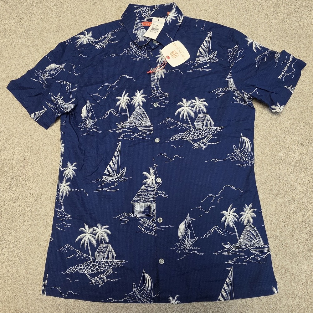 Tori Richard Quiet‎ Village Seersucker Shirt Mens Small Blue Hawaiian Aloha NWT
